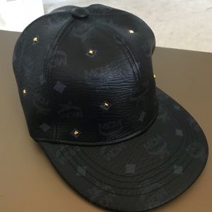MCM Visetos Black Adjustable Studded Leather Cap